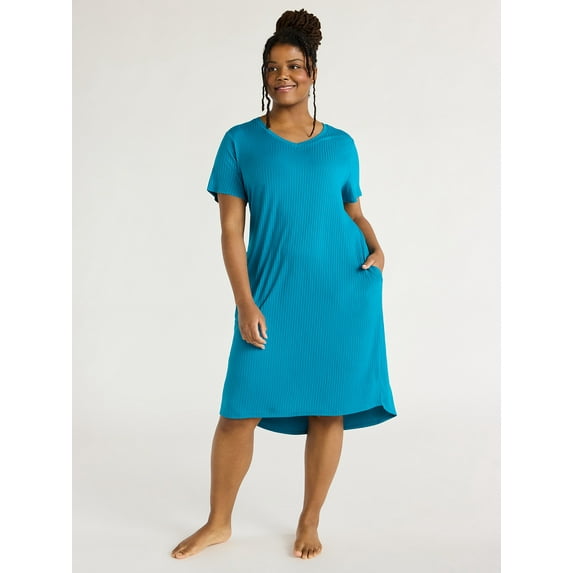 Joyspun Women's Ribbed Knit Midi Sleep Chemise, Sizes XS to 3X