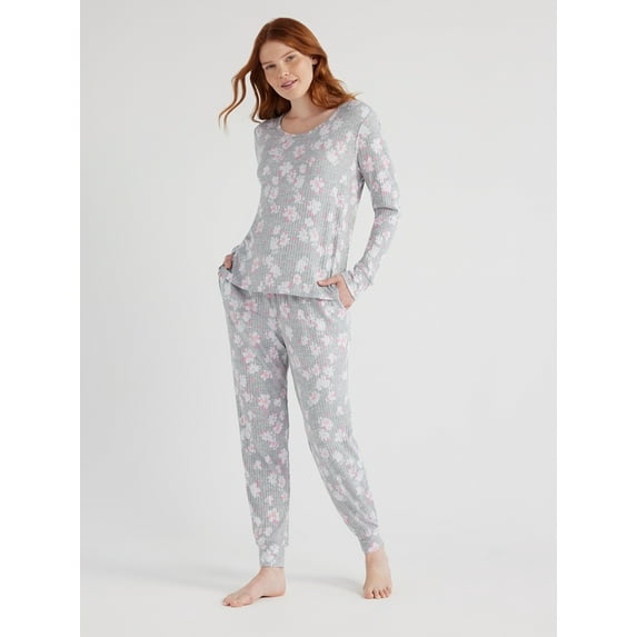 Joyspun Women’s Ribbed Top and Pants Pajama Set, Sizes S-3X