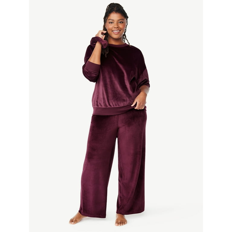 Joyspun Women's Ribbed Velour Top and Pants Pajama Set with Oversized  Scrunchie, 3-Piece, Sizes S to 3X 