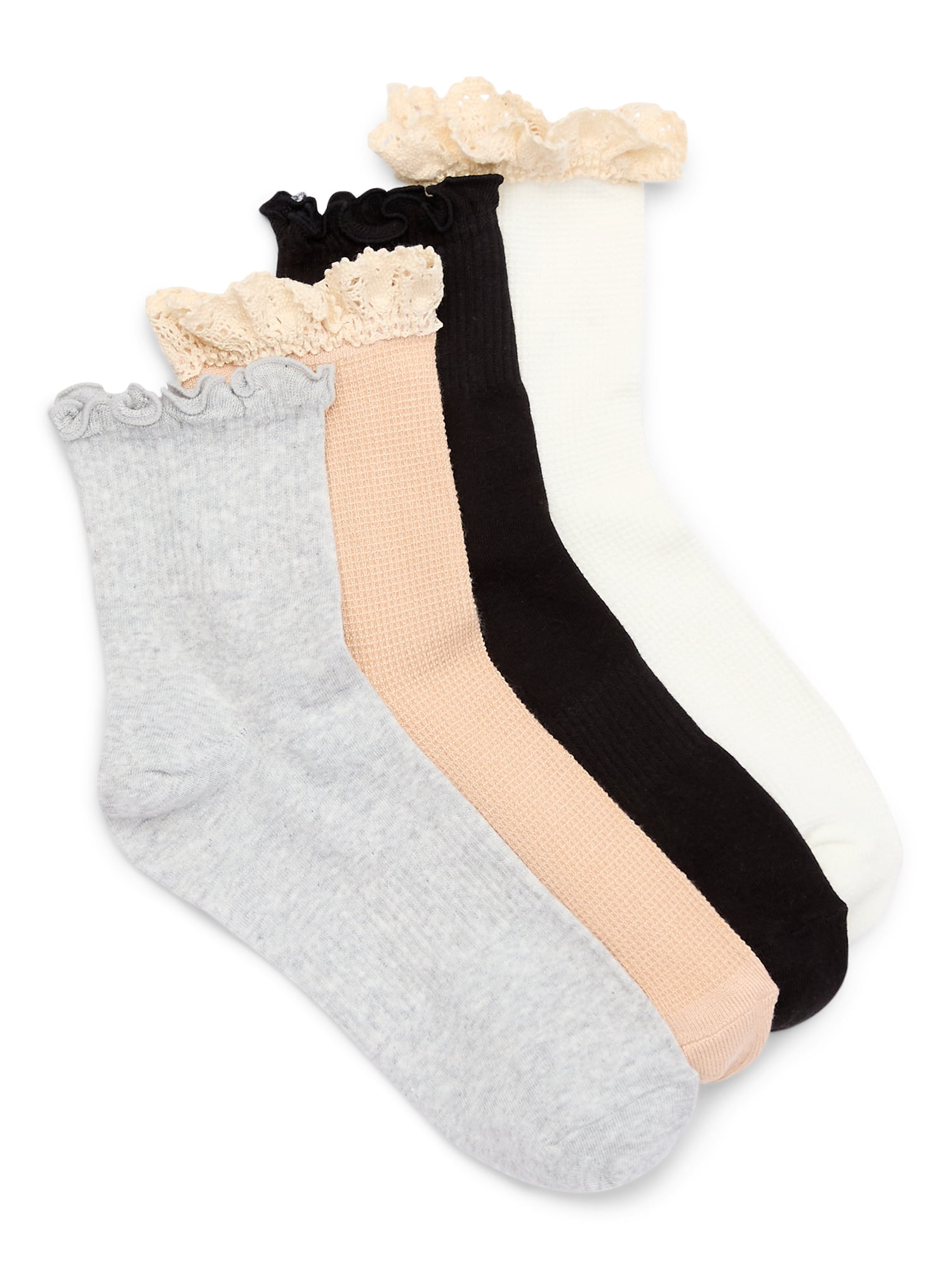 Joyspun Ruffle Socks Lettuce-Edge Dress Crew Socks for Women, Shoe Size 4-10, 4-Pack