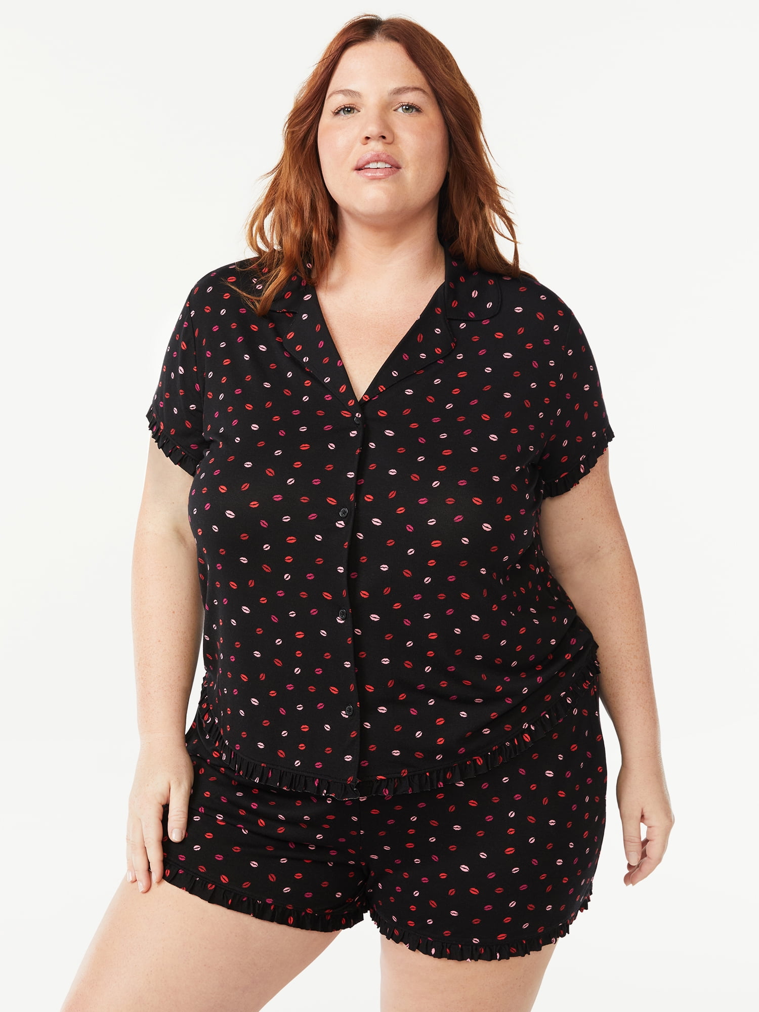 Joyspun Women's Ruffled Pajama Top and Shorts Set, 2Piece, Sizes S to