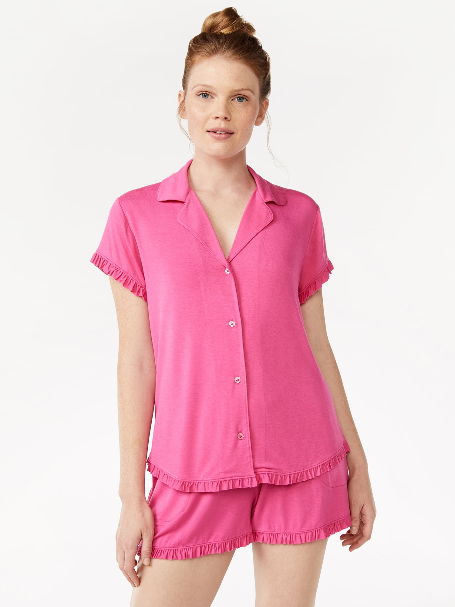 Cotton Yarn Dyed Plaid Ruffle Pajama Shorts Set