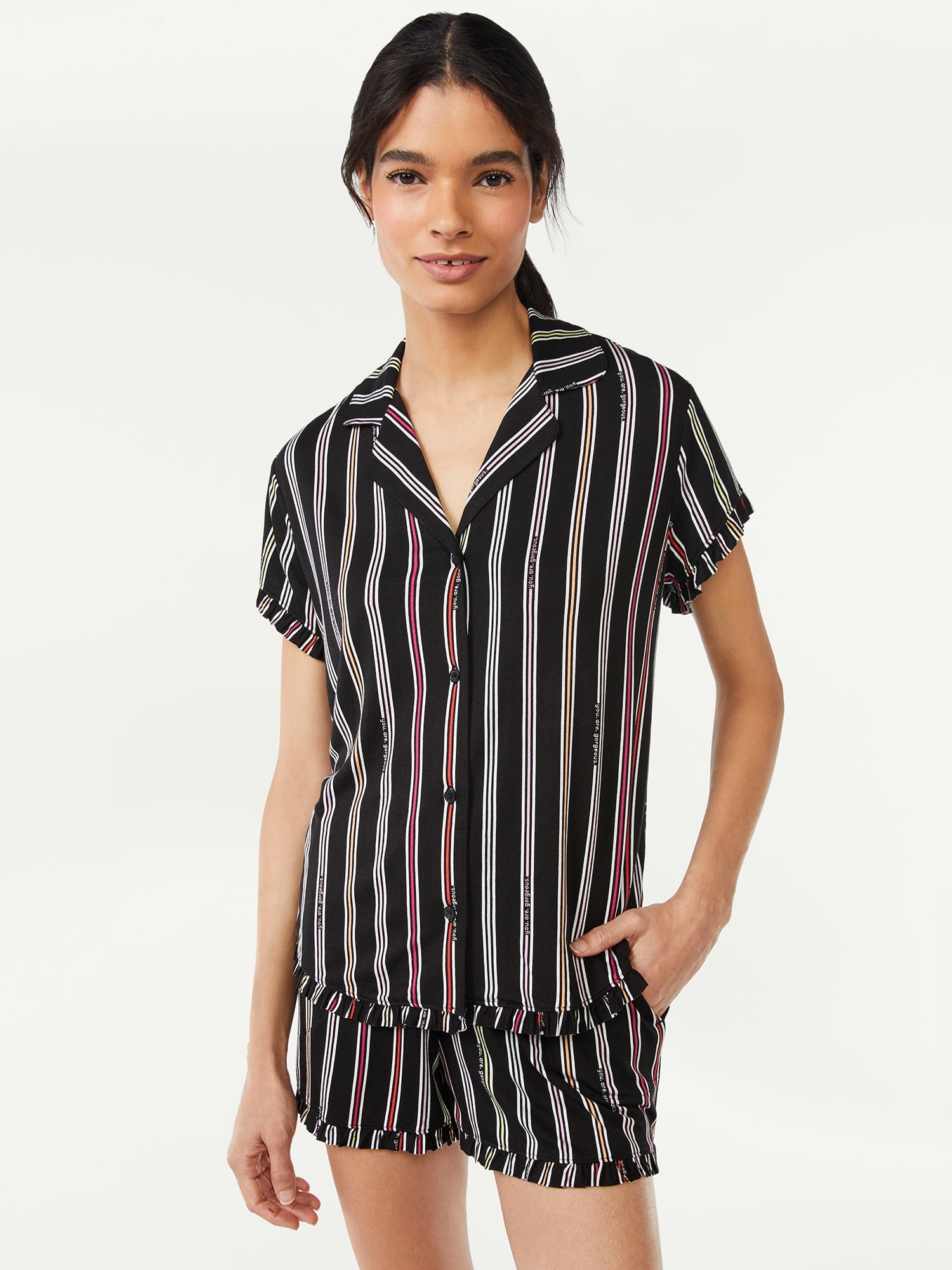 Joyspun Women's Ruffled Pajama Top and Shorts Set, 2Piece, Sizes S to