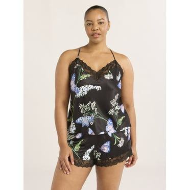 Joyspun Women’s Satin Cami and Shorts Pajama Set with Lace Trim, Sizes S-3X