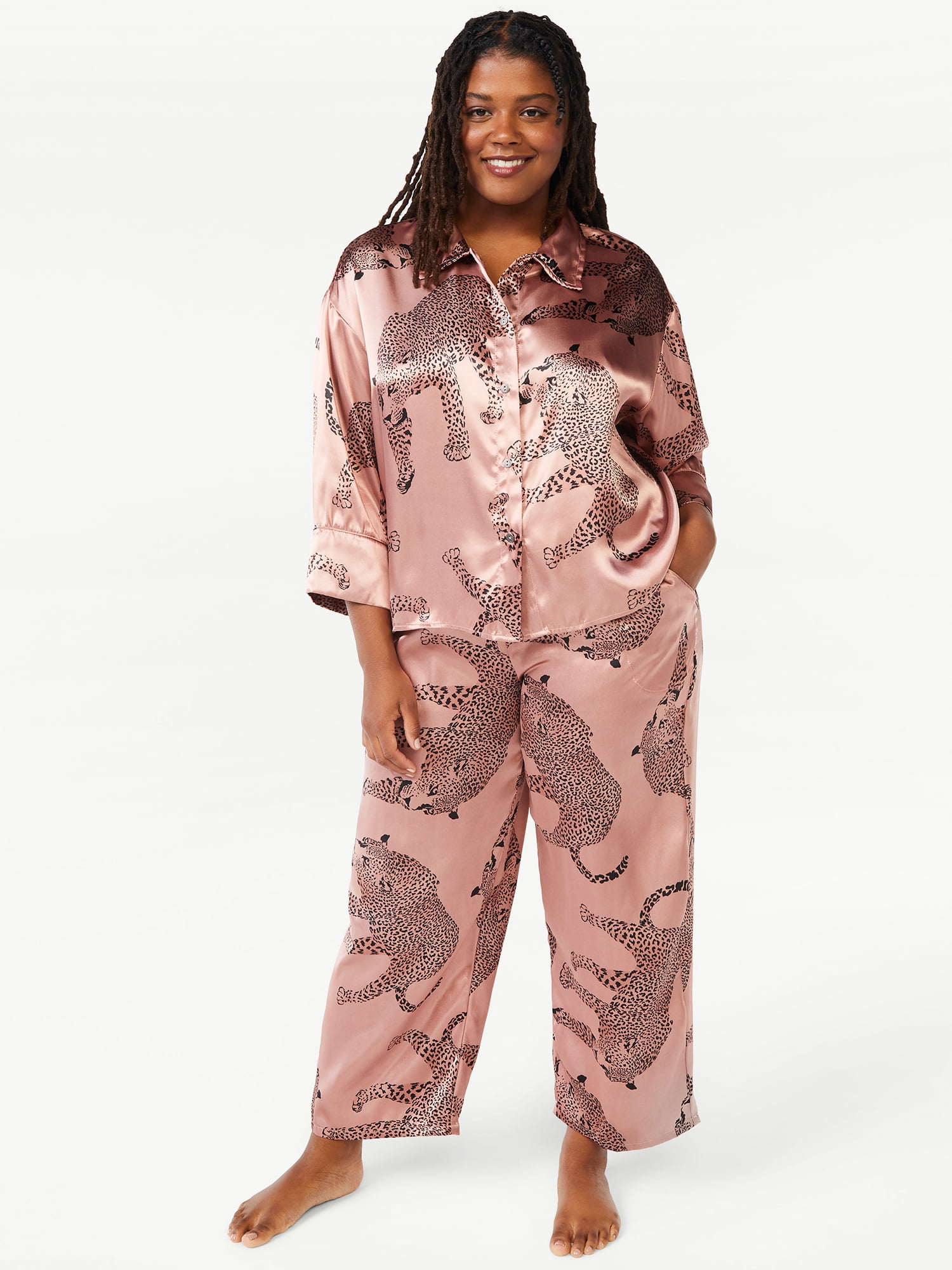Joyspun Women's Satin Pajama Sleep Set, 2-Piece, Sizes S to 3X