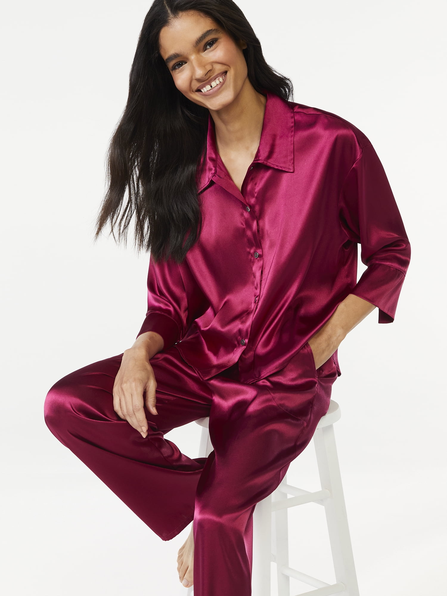 Joyspun Women's Satin Pajama Sleep Set, 2-Piece, Sizes S to 3X ...