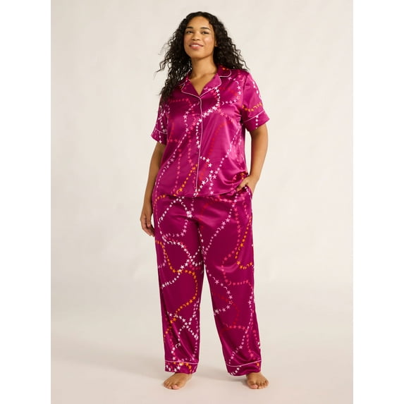 Joyspun Women’s Satin Top and Pants Pajama Set, 2-Piece, Sizes XS-3X
