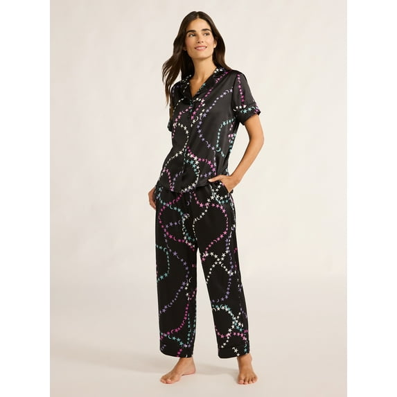 Joyspun Women’s Satin Top and Pants Pajama Set, 2-Piece, Sizes XS-3X