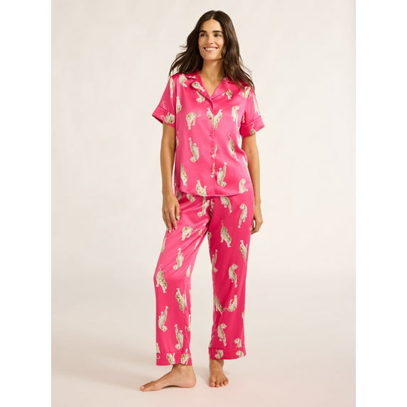 Joyspun Women’s Satin Top and Pants Pajama Set, 2-Piece, Sizes XS-3X
