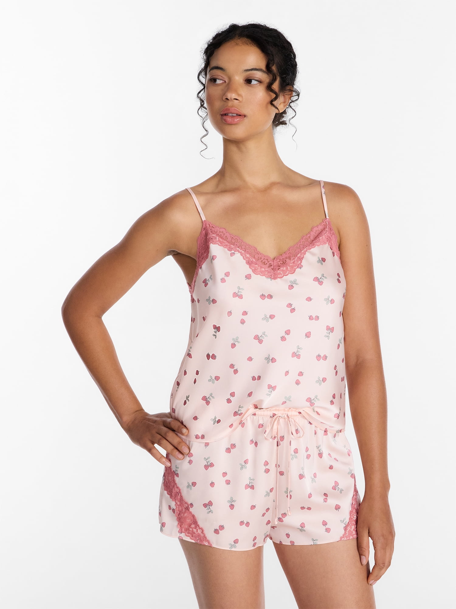 Joyspun Women’s Lace Trim Stretch Satin Cami and Shorts Set, 2-Piece, Sizes XS-3X