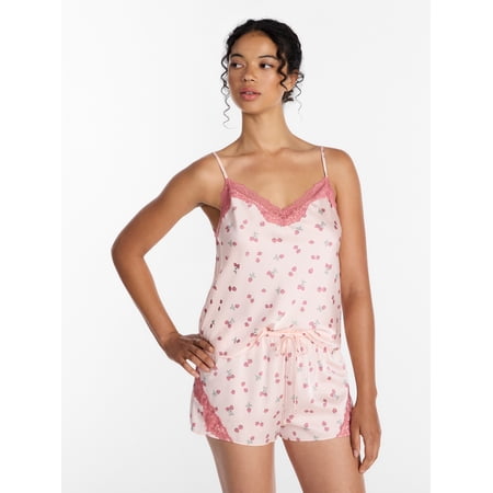 Joyspun Women’s Lace Trim Stretch Satin Cami and Shorts Set, 2-Piece, Sizes XS-3X