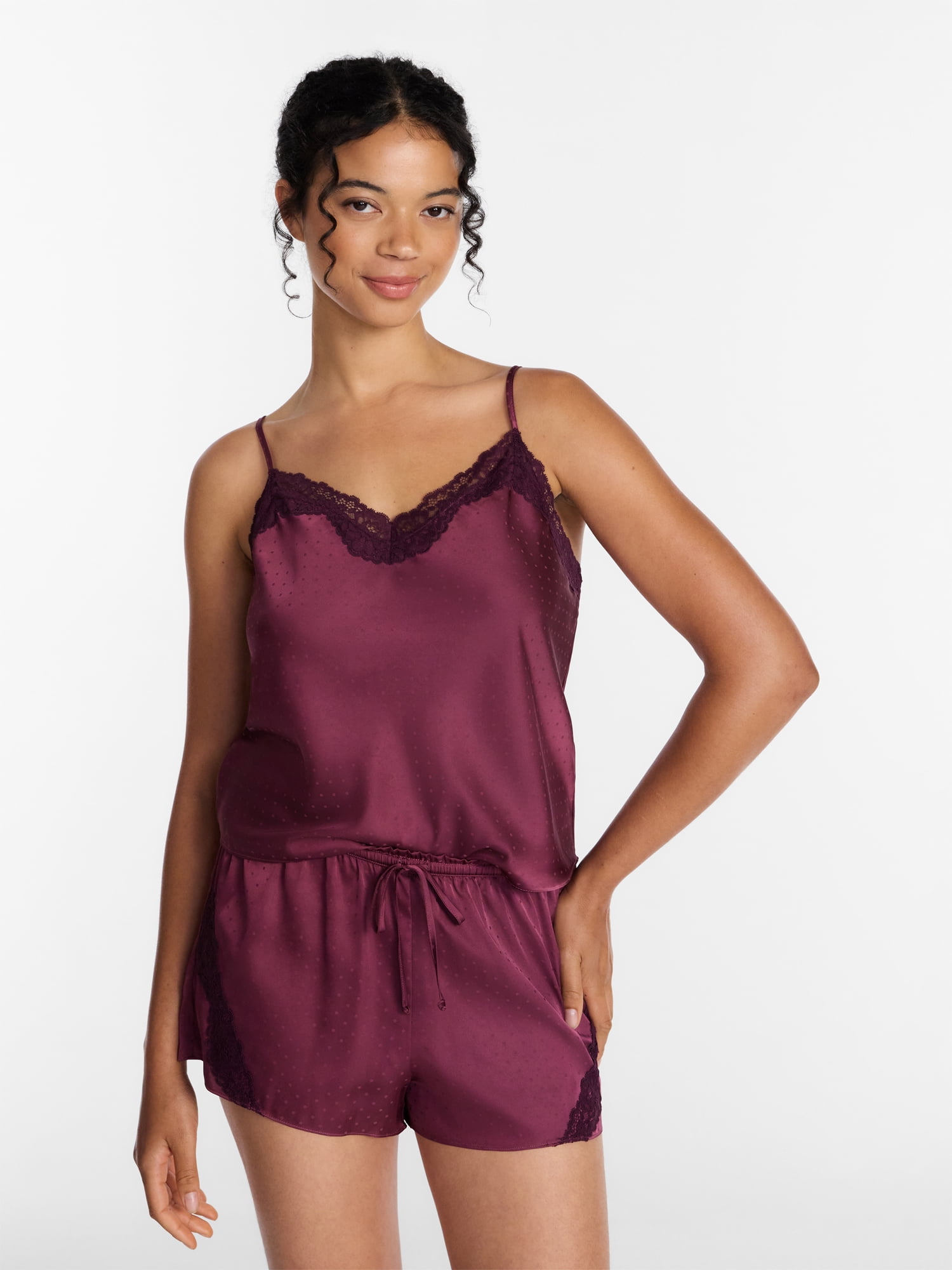 Joyspun Women’s Lace Trim Stretch Satin Cami and Shorts Set, 2-Piece, Sizes XS-3X