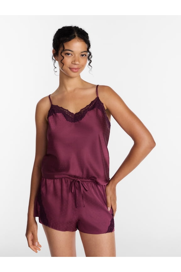 Women’s Lace Trim Stretch Satin Cami and Shorts Set, 2-Piece, Sizes XS-3X