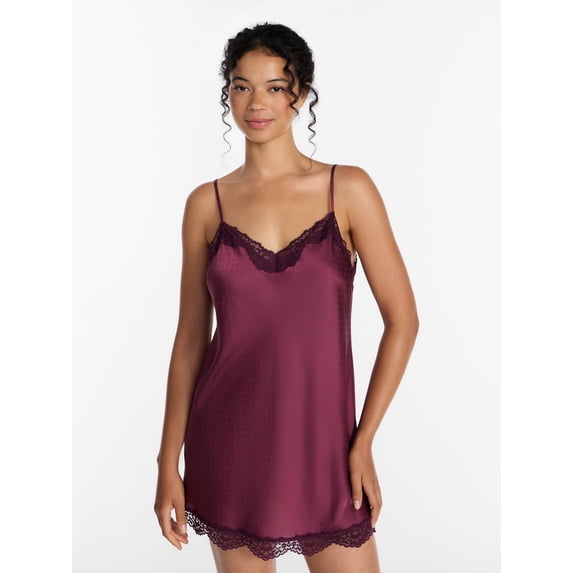 Joyspun Women’s Lace Trim Stretch Satin Chemise, Sizes S-3X