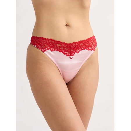 Joyspun Women's Satin with Lace Thong 2pk, Sizes XS-3XL