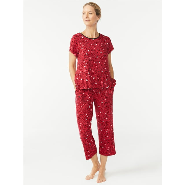 Joyspun Women's Scallop Trim Top and Capri Pants Sleep Set, 2-Piece, Sizes S to 3X
