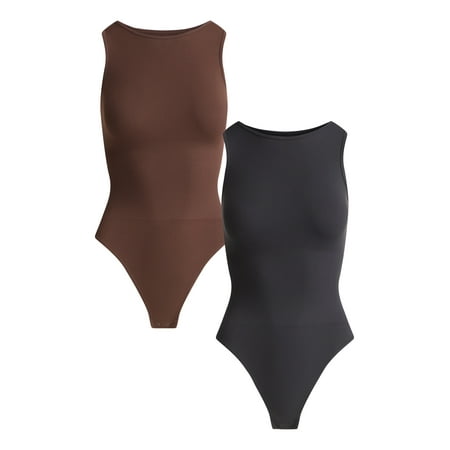 Joyspun Women's Seamless Slimming High Neck Bodysuit, 2-Pack, Sizes XS-XXXL