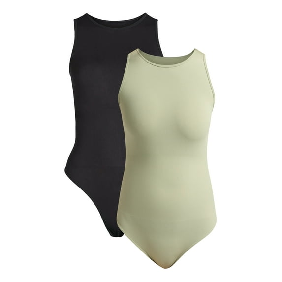 Joyspun Women's Seamless Slimming High Neck Bodysuit, 2-Pack, Sizes XS-XXXL