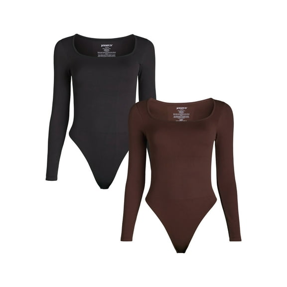 Joyspun Women's Seamless Slimming Square Neck Bodysuit with Long-Sleeves, 2-Pack, Sizes S-3XL