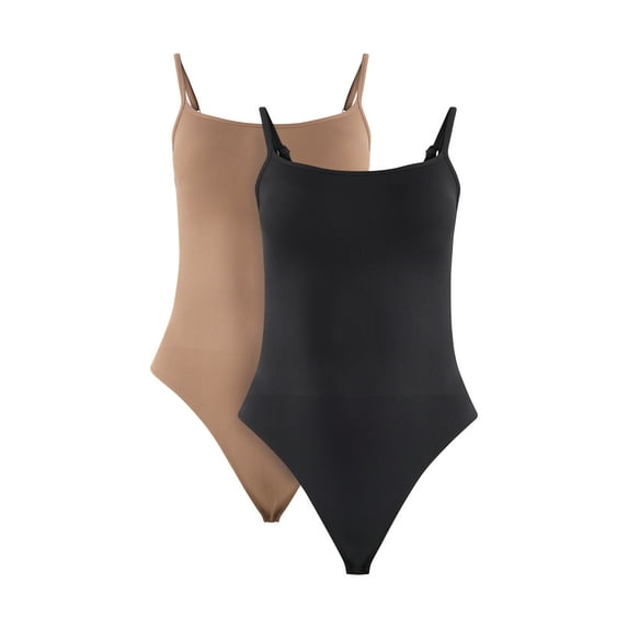 Joyspun Women's Seamless Shaping Ribbed Cami Bodysuit, 2-Pack, Sizes XS-3XL