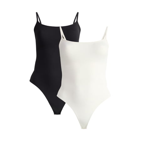 Joyspun Women's Seamless Shaping Ribbed Cami Bodysuit, 2-Pack, Sizes XS-XXXL