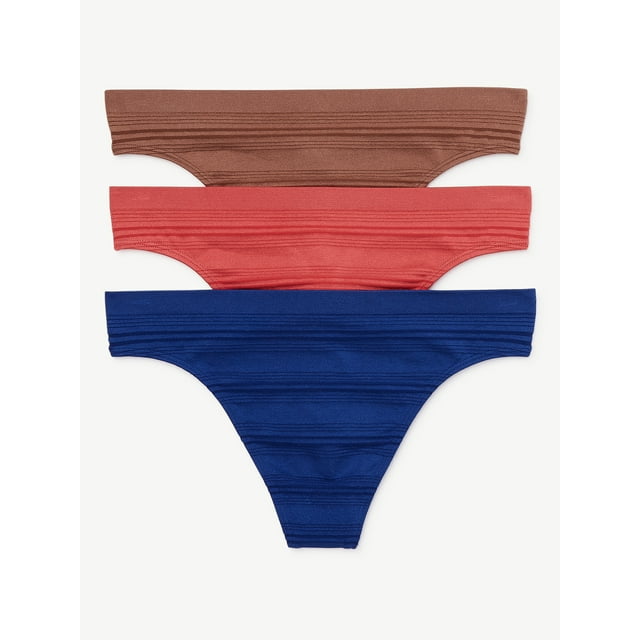 Joyspun Women's Seamless Sheer Stripe Thong Panties, 3-Pack, Sizes to 3XL