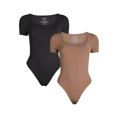 Joyspun Women's Seamless Slimming Bodysuit with Short Sleeves, 2- Pack, Sizes XS-XXXL