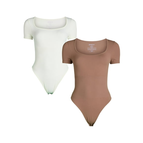 Joyspun Women's Seamless Slimming Bodysuit with Short Sleeves, 2- Pack, Sizes XS-XXXL