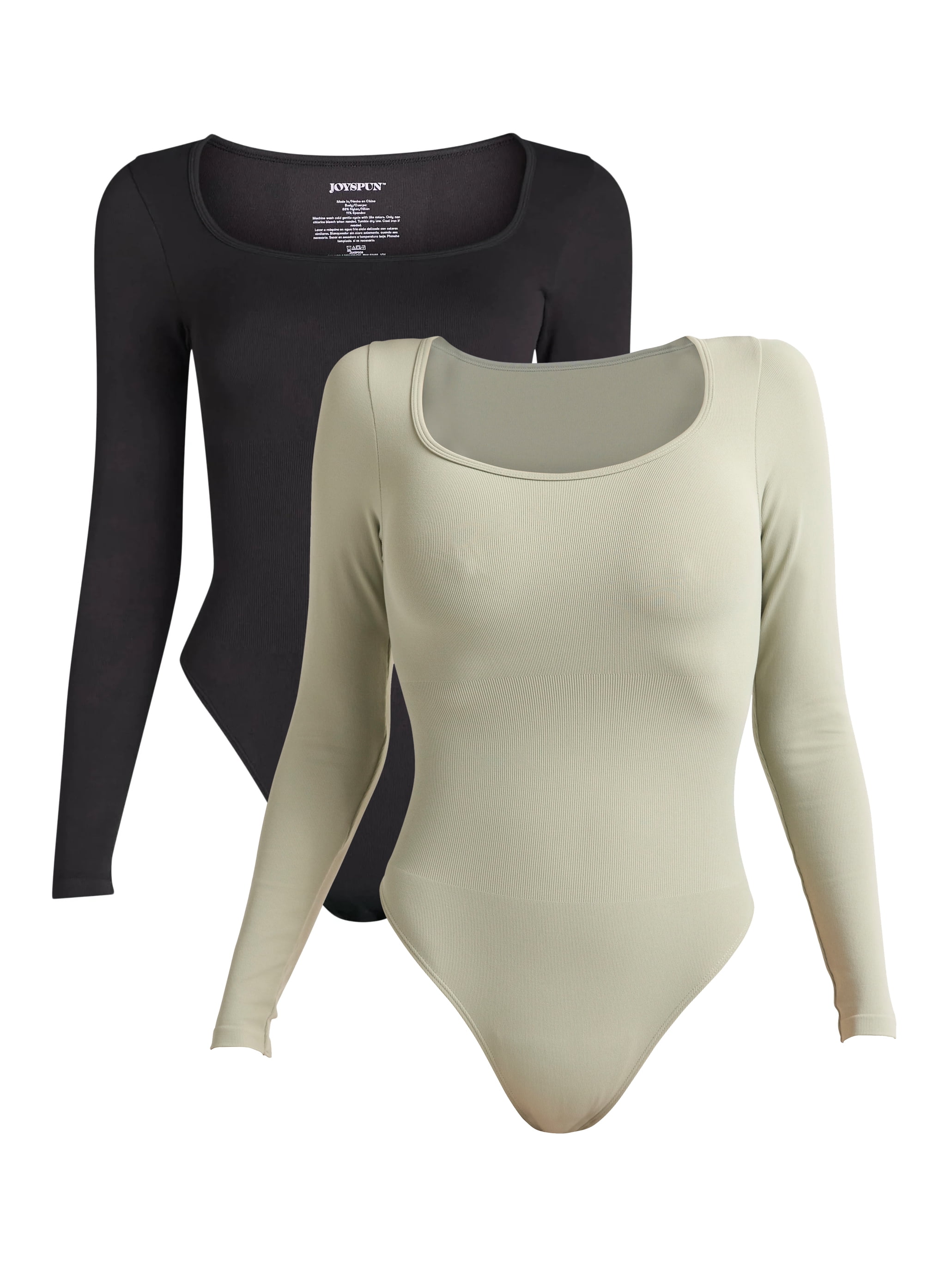 Joyspun Women's Seamless Slimming Square Neck Bodysuit with Long-Sleeves, 2-Pack, Sizes S-XXXL