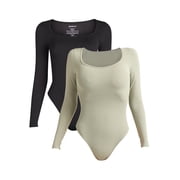 Women's Seamless Slimming Square Neck Bodysuit with Long-Sleeves, 2-Pack, Sizes S-XXXL
