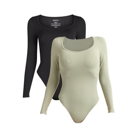 Joyspun Women's Seamless Slimming Square Neck Bodysuit with Long-Sleeves, 2-Pack, Sizes S-XXXL