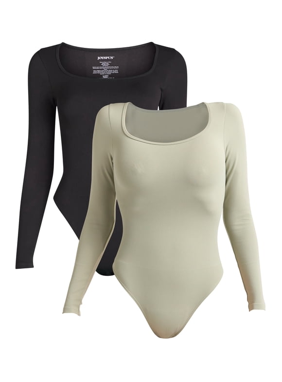 Women's Seamless Slimming Square Neck Bodysuit with Long-Sleeves, 2-Pack, Sizes S-3XL