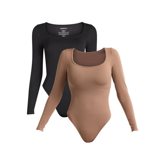 Joyspun Women's Seamless Slimming Square Neck Bodysuit with Long-Sleeves, 2-Pack, Sizes S-3XL