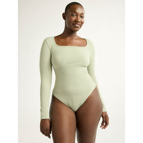 Joyspun Women's Seamless Slimming Square Neck Bodysuit with Long-Sleeves, 2-Pack, Sizes S-3XL