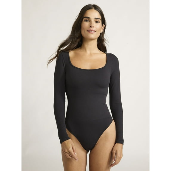 Joyspun Women's Seamless Square Neck Bodysuit with Long Sleeves, Sizes XS-XXXL