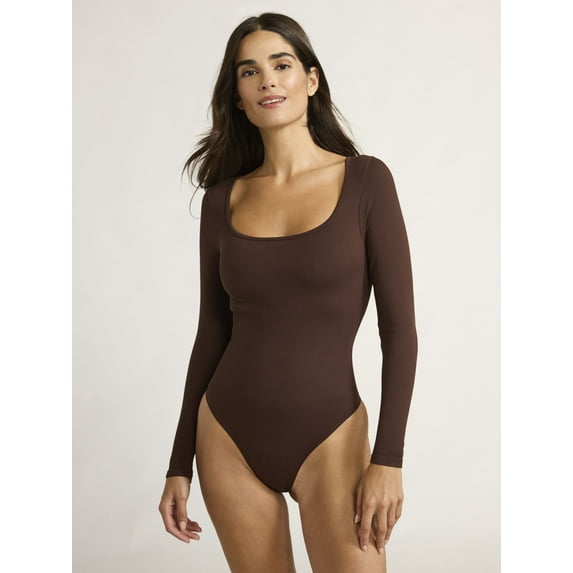 Joyspun Women's Seamless Square Neck Bodysuit with Long Sleeves, Sizes XS-XXXL