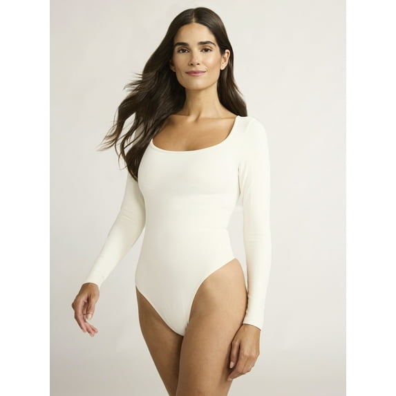 Joyspun Women's Seamless Square Neck Bodysuit with Long Sleeves, Sizes XS-XXXL