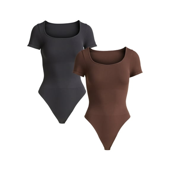 Joyspun Women's Seamless Slimming Bodysuit with Short Sleeves, 2- Pack, Sizes XS-XXXL