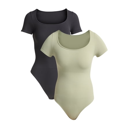 Joyspun Women's Seamless Slimming Bodysuit with Short Sleeves, 2- Pack, Sizes XS-XXXL