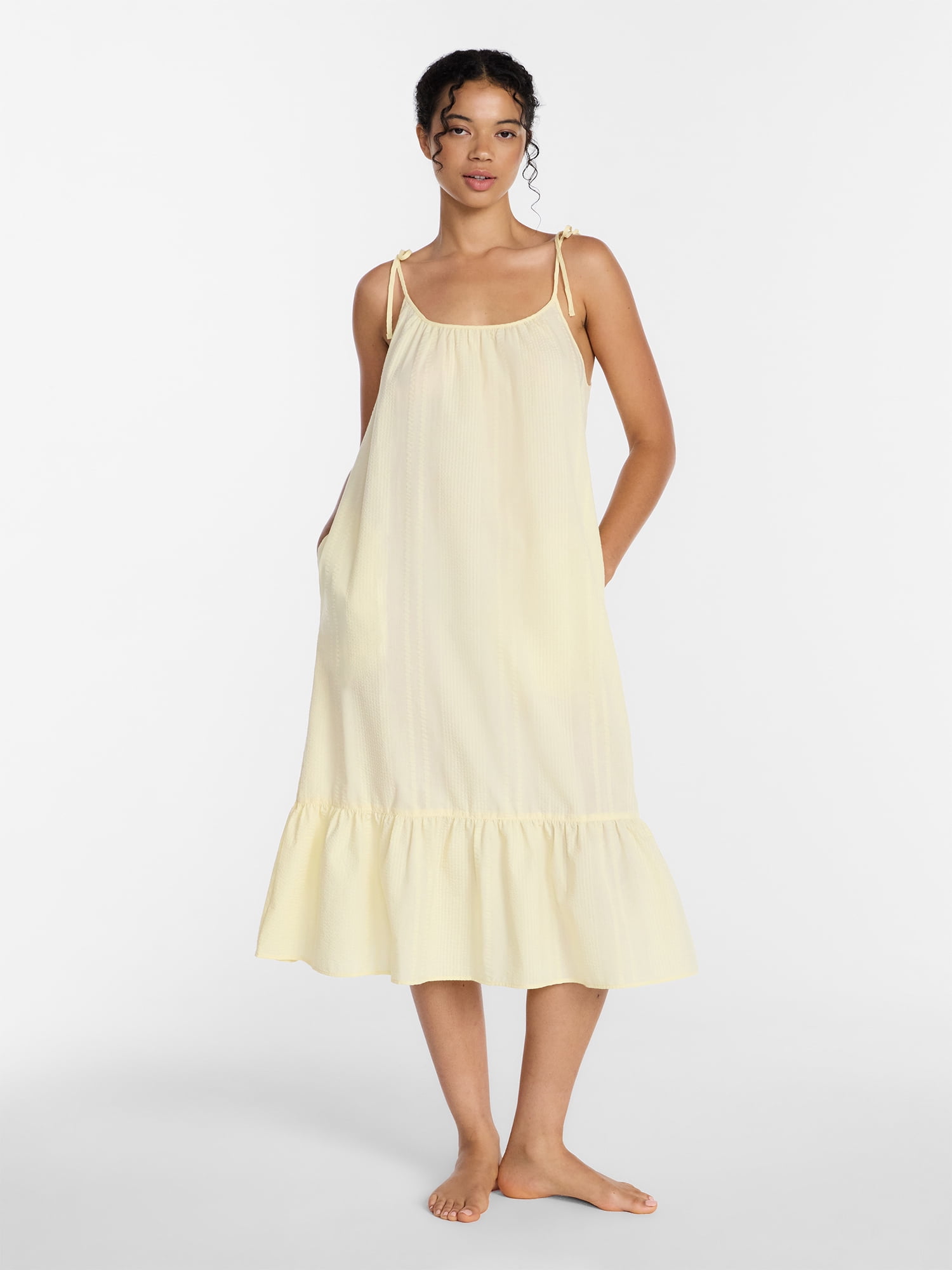 Joyspun Women's Seersucker Midi Sleep Gown with Shoulder Tie, Sizes XS to 3X