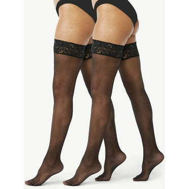 Joyspun Women's Sheer Lace Top Thigh Highs, 2-Pack, Sizes in Regular and Plus