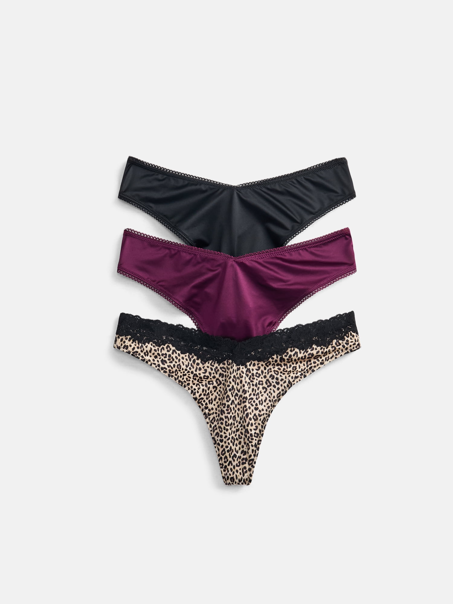 Joyspun Women's Shine & Lace Thong, 3-Pack, XS - XXXL