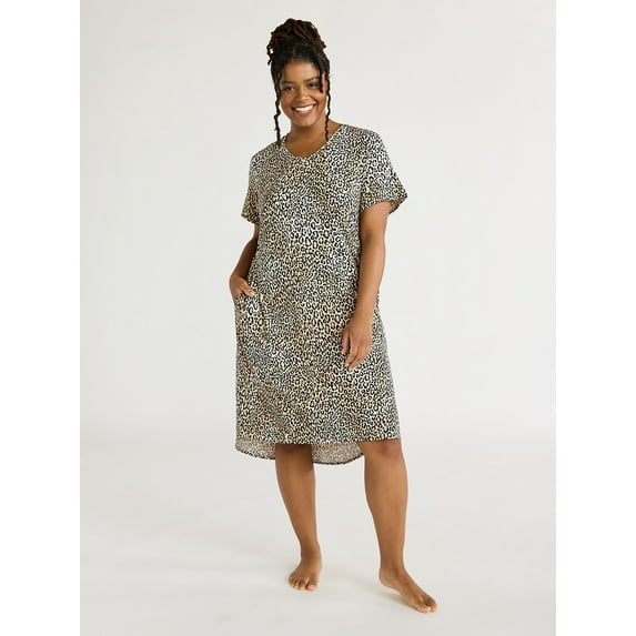 Joyspun Women's Short Sleeve Knit Midi Chemise, Sizes S to 3X