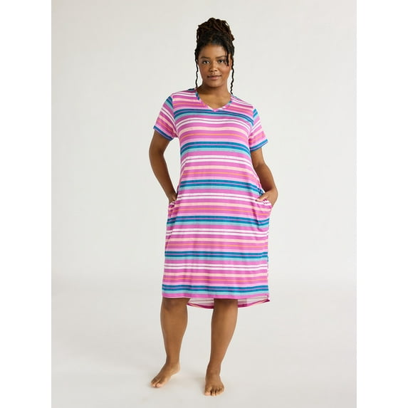 Joyspun Women's Short Sleeve Knit Midi Chemise, Sizes S to 3X