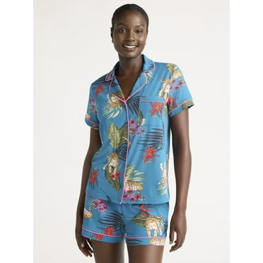 Joyspun Women’s Dreamy Soft Collection Short Sleeve Knit Notch Collar Top and Shorts Pajama Set, 2-Piece, Sizes XS-3X
