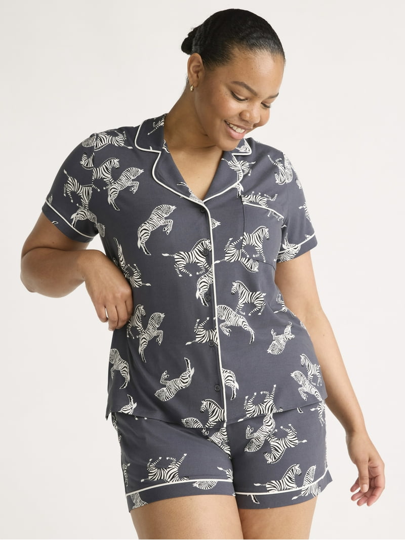 Joyspun Women's Short Sleeve Knit Notch Collar Pajama Set with