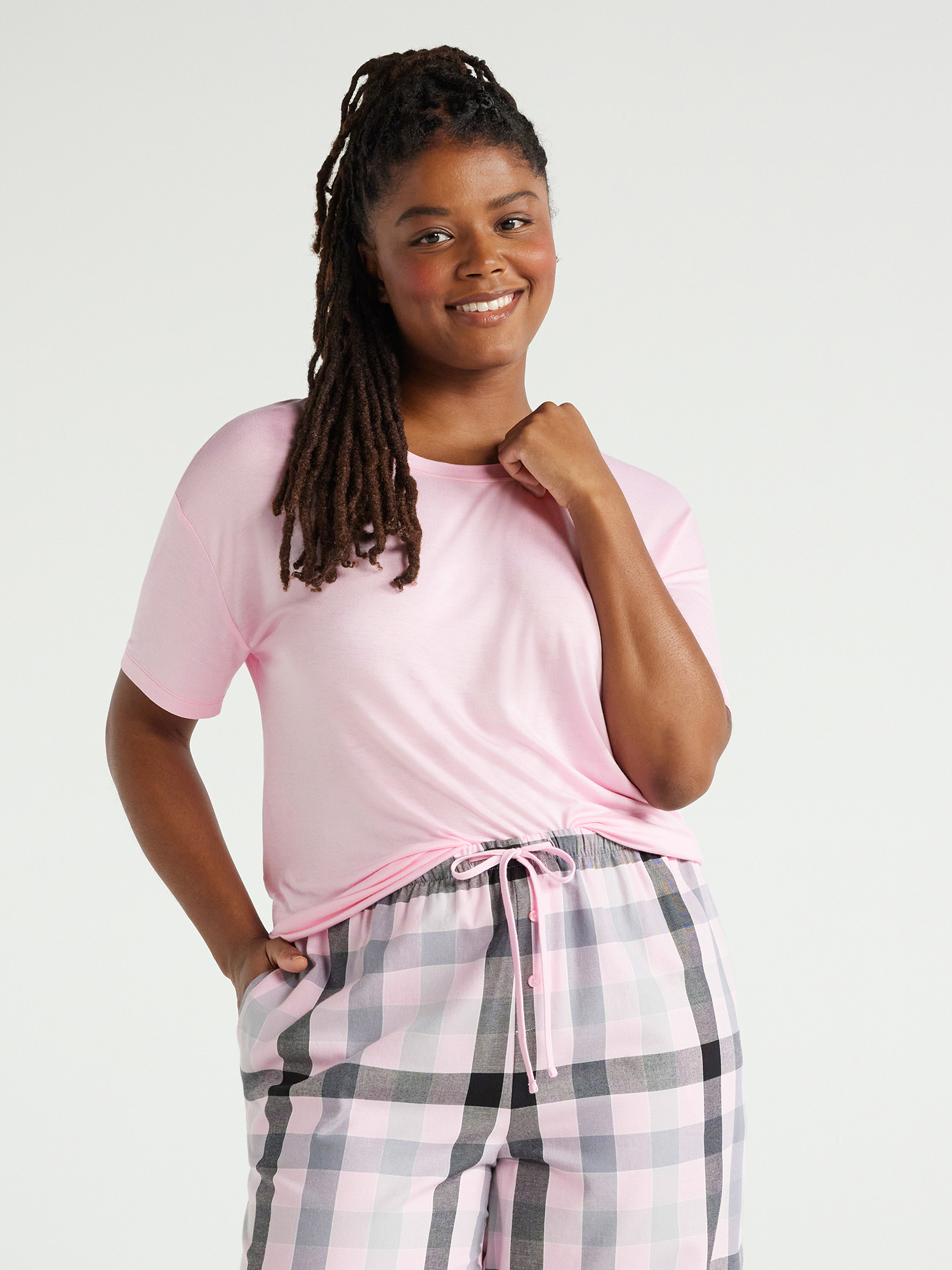 Joyspun Women's Short Sleeve Knit Sleep T-Shirt, Sizes S to 3X, Size: Large, Pink