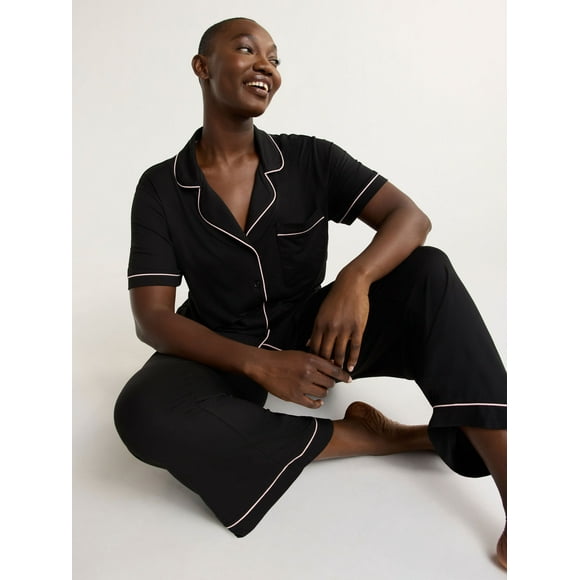 Joyspun Women's Dreamy Soft Collection Notch Collar Short Sleeve Knit Top & Capri Pajama Set, 2-Piece, Sizes XS-3X