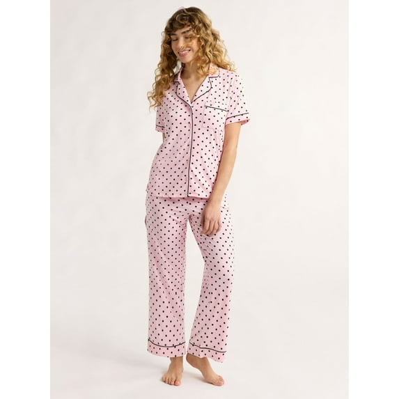 Joyspun Women's Dreamy Soft Collection Notch Collar Short Sleeve Knit Top & Capri Pajama Set, 2-Piece, Sizes XS-3X
