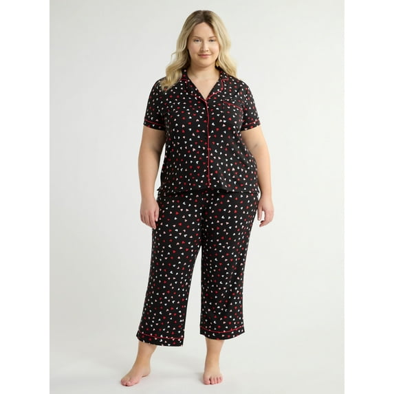 Joyspun Women's Dreamy Soft Collection Notch Collar Short Sleeve Knit Top & Capri Pajama Set, 2-Piece, Sizes XS-3X